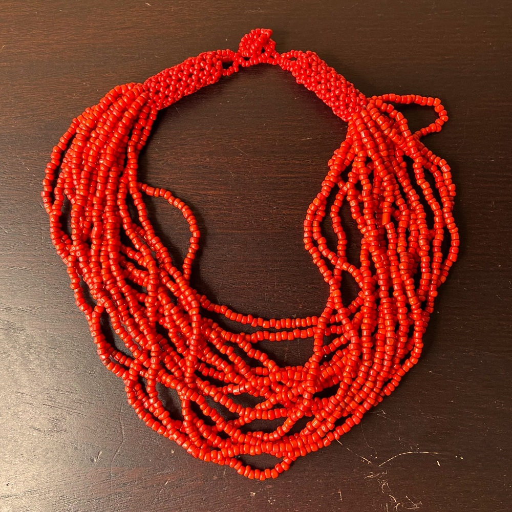 Vintage 20” Glass Coral Seed Bead Necklace, Choker, Multi-strand, Beach Style